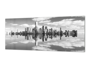 Wide-format tempered glass kitchen wall panel with metal backing - and without: City lanscape