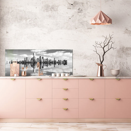 Wide-format tempered glass kitchen wall panel with metal backing - and without: City lanscape