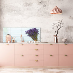Wide-format tempered glass kitchen wall panel with metal backing - and without: Oil and lavender