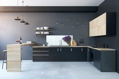 Wide-format tempered glass kitchen wall panel with metal backing - and without: Oil and lavender
