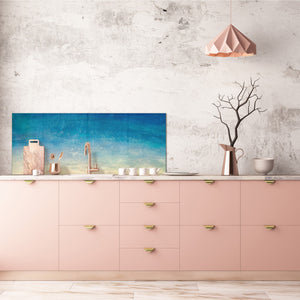 Wide-format tempered glass kitchen wall panel with metal backing - and without: Blue yellow gradient sky