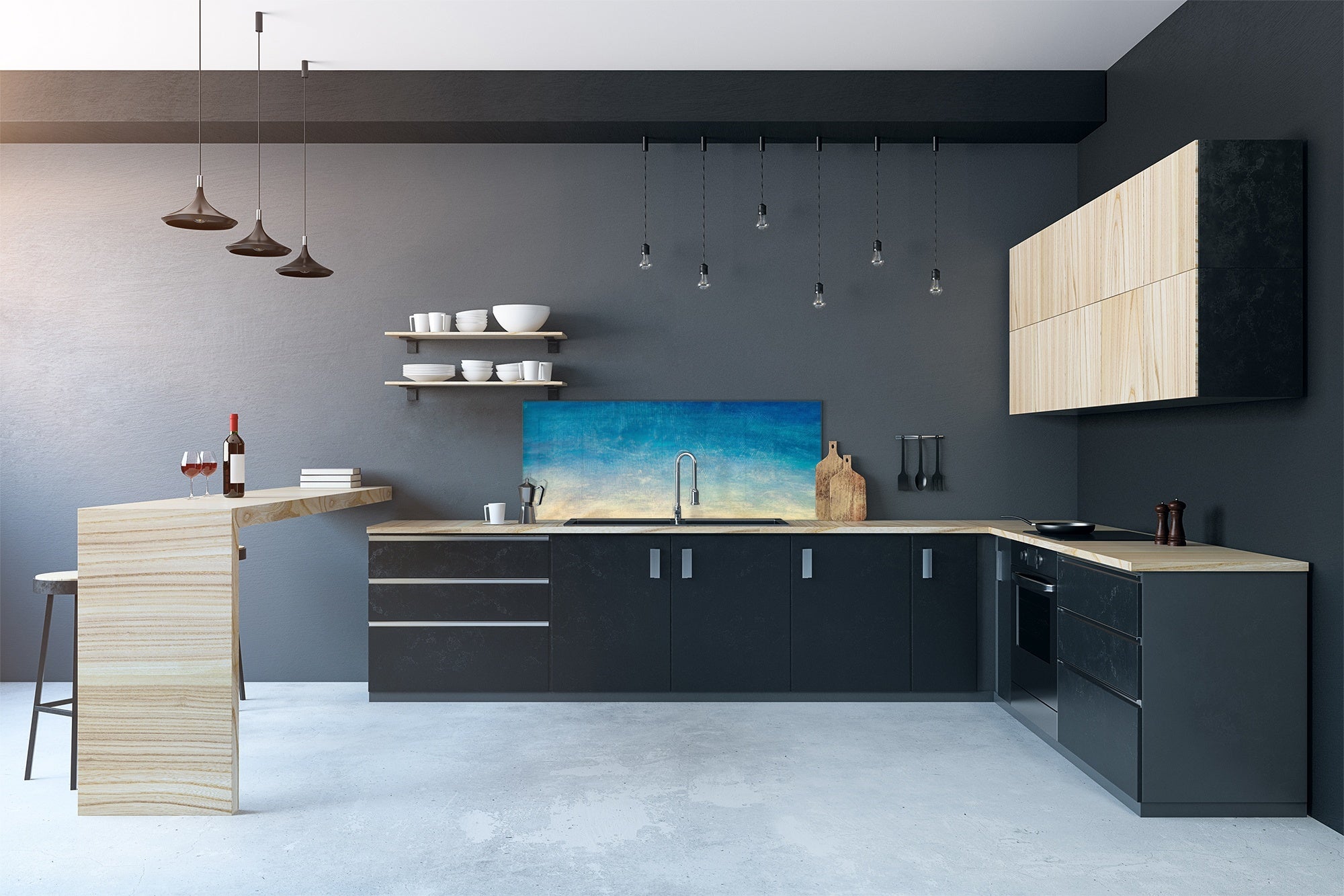 Wide-format tempered glass kitchen wall panel with metal backing - and without: Blue yellow gradient sky