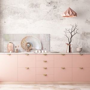 Wide-format tempered glass kitchen wall panel with metal backing - and without: Nautilus seashell
