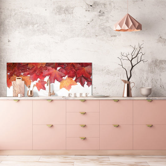 Wide-format tempered glass kitchen wall panel with metal backing - and without: Autumn forest  leaves