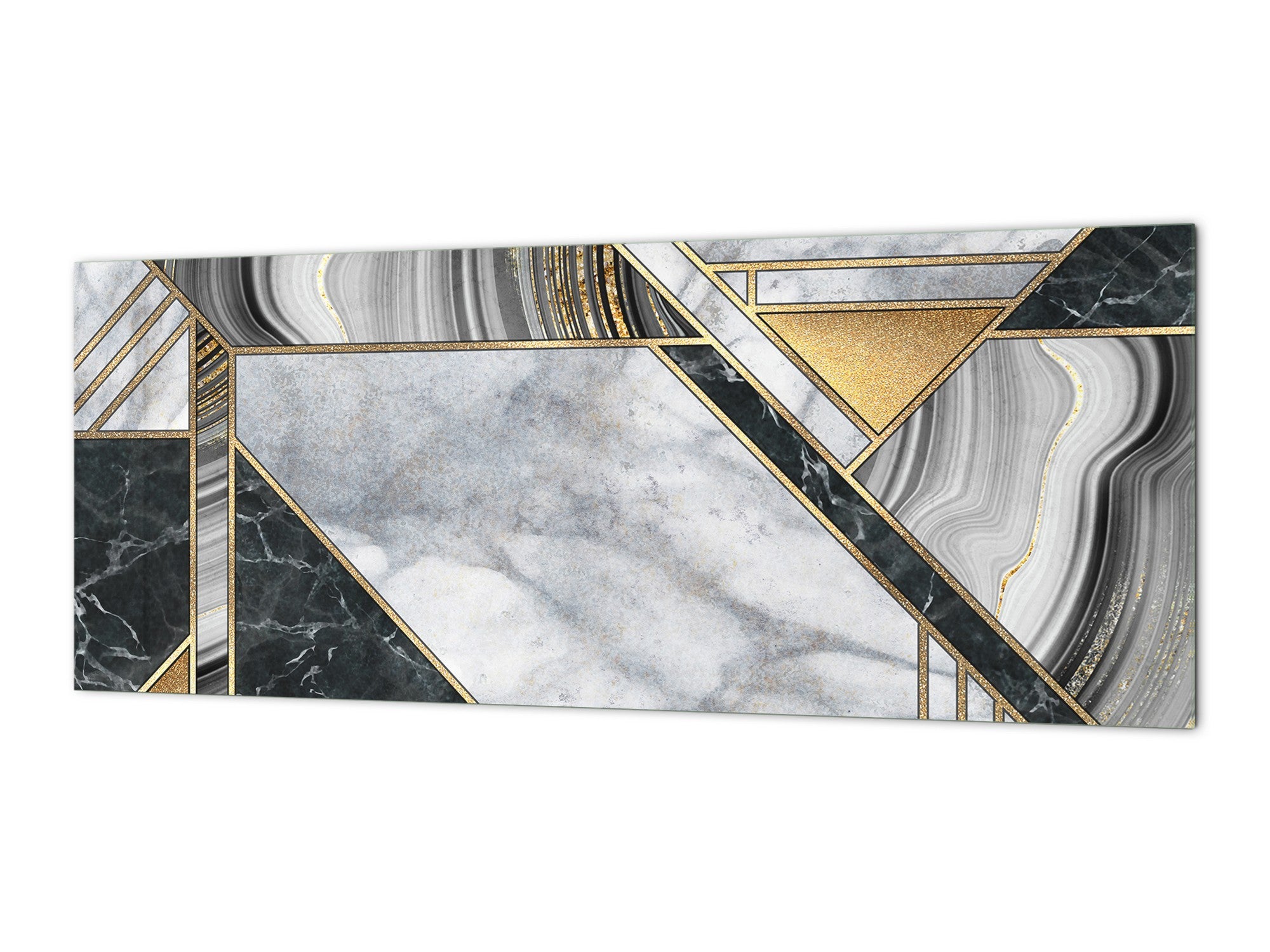 Wide-format tempered glass kitchen wall panel with metal backing - and without: Abstract art deco