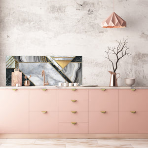 Wide-format tempered glass kitchen wall panel with metal backing - and without: Abstract art deco