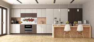 Wide-format tempered glass kitchen wall panel with metal backing - and without: Coffee or tea cup with red roses