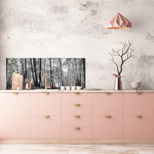 Wide-format tempered glass kitchen wall panel with metal backing - and without: Forest road