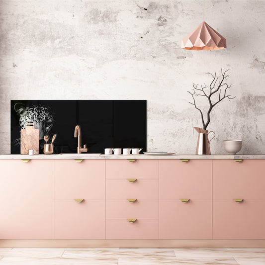 Wide-format tempered glass kitchen wall panel with metal backing - and without: Wild Cat face