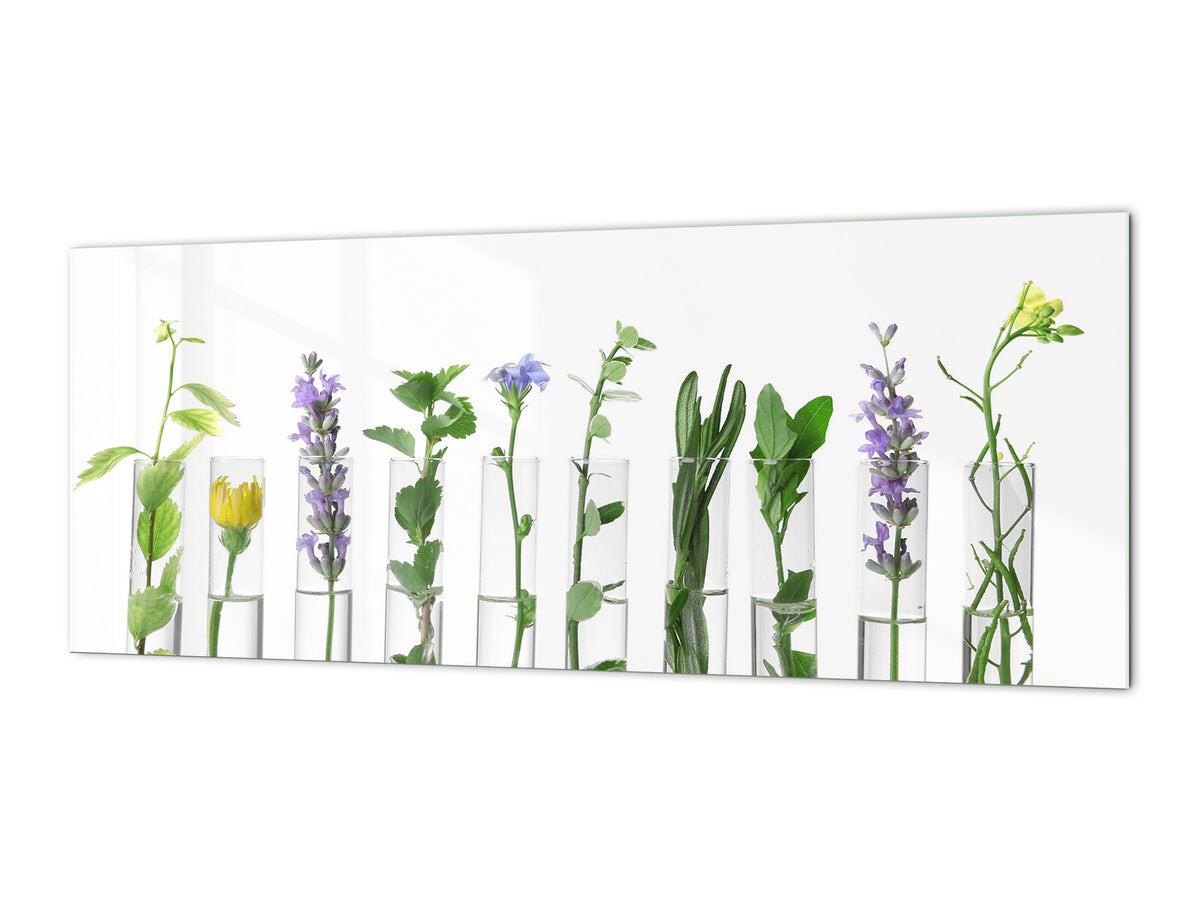 Wide-format tempered glass kitchen wall panel with metal backing - and without: Plants in  tubes