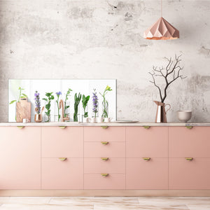 Wide-format tempered glass kitchen wall panel with metal backing - and without: Plants in  tubes