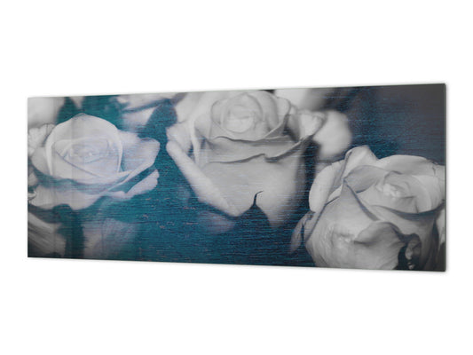 Toughened printed glass backsplash - Wideformat steel coated wall glass splashback: Rose  with a pale blue