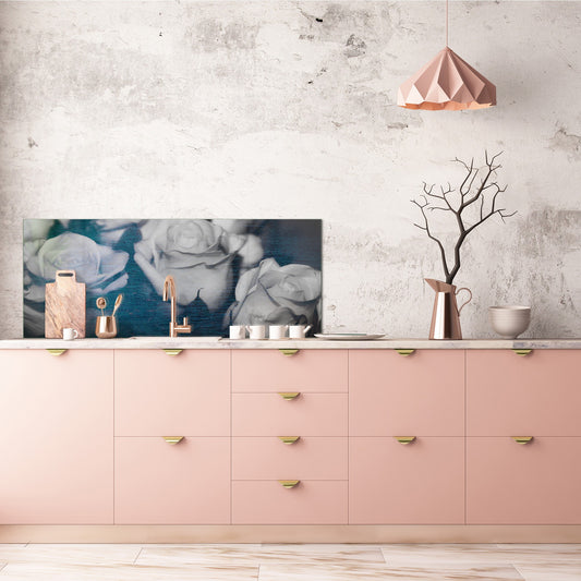 Toughened printed glass backsplash - Wideformat steel coated wall glass splashback: Rose  with a pale blue