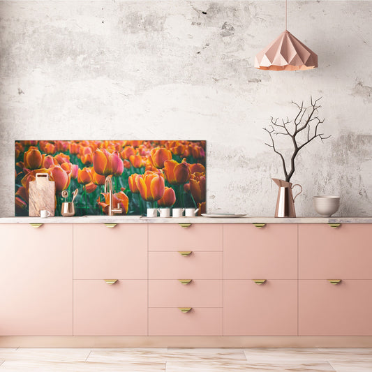 Toughened printed glass backsplash - Wideformat steel coated wall glass splashback: Meadow of red orange tulips