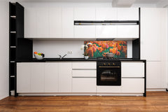 Toughened printed glass backsplash - Wideformat steel coated wall glass splashback: Meadow of red orange tulips
