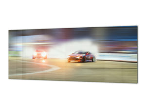 Toughened printed glass backsplash - Wideformat steel coated wall glass splashback: Blurred  drift cars
