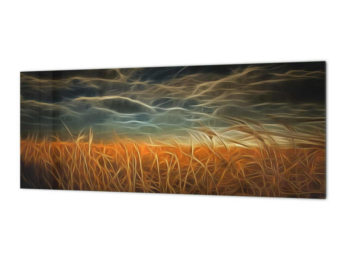 Toughened printed glass backsplash - Wideformat steel coated wall glass splashback: Dramatic clouds over field of wheat