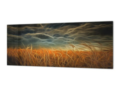 Toughened printed glass backsplash - Wideformat steel coated wall glass splashback: Dramatic clouds over field of wheat