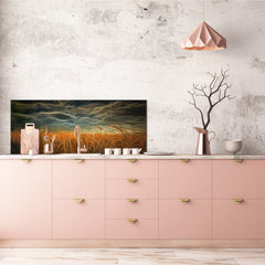 Toughened printed glass backsplash - Wideformat steel coated wall glass splashback: Dramatic clouds over field of wheat