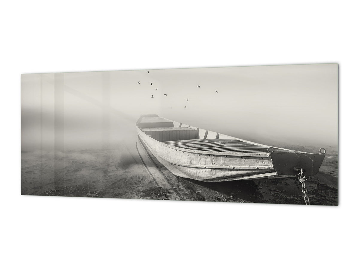 Toughened printed glass backsplash - Wideformat steel coated wall glass splashback: Boat and birds photography