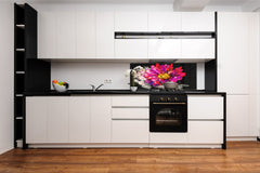 Tempered Glass magnetic and non magnetic splashback in wide-format: Flower on black background
