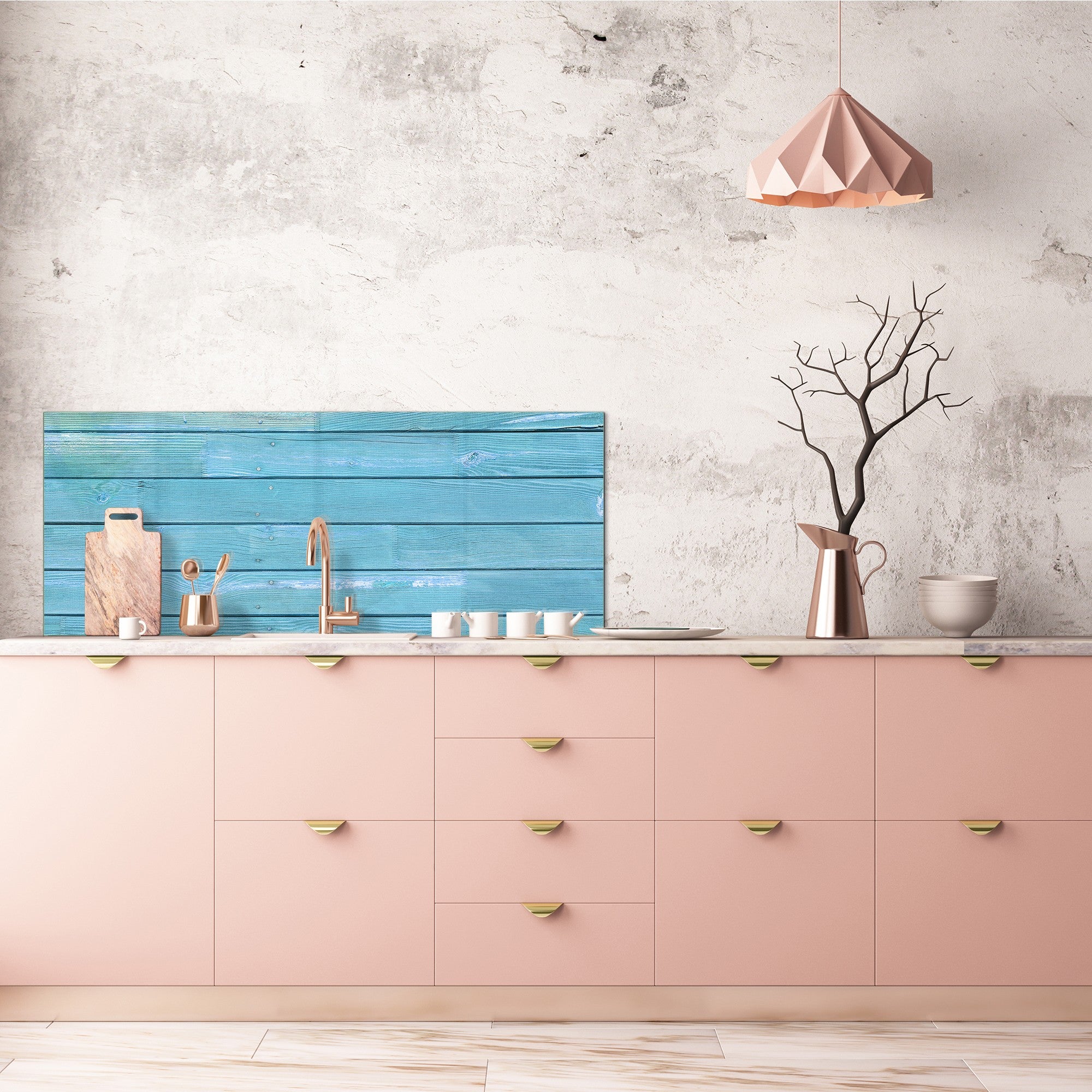 Tempered Glass magnetic and non magnetic splashback in wide-format: Blue wood