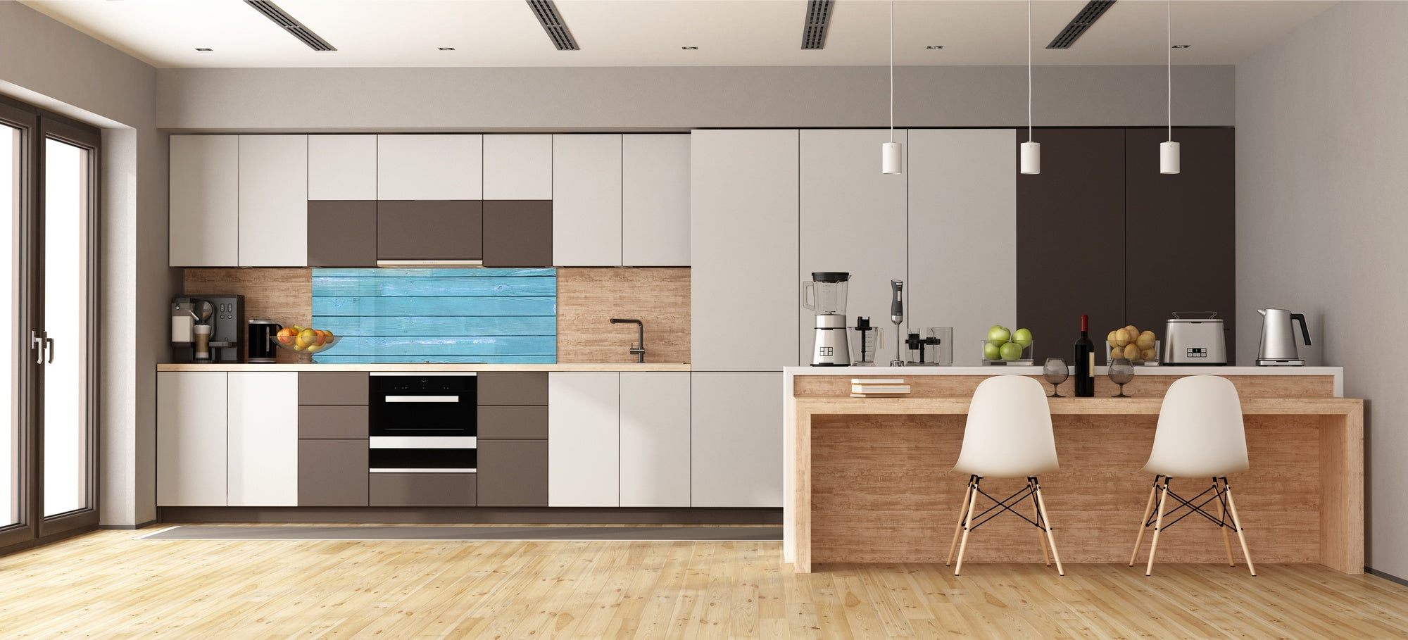 Tempered Glass magnetic and non magnetic splashback in wide-format: Blue wood