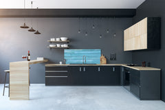 Tempered Glass magnetic and non magnetic splashback in wide-format: Blue wood