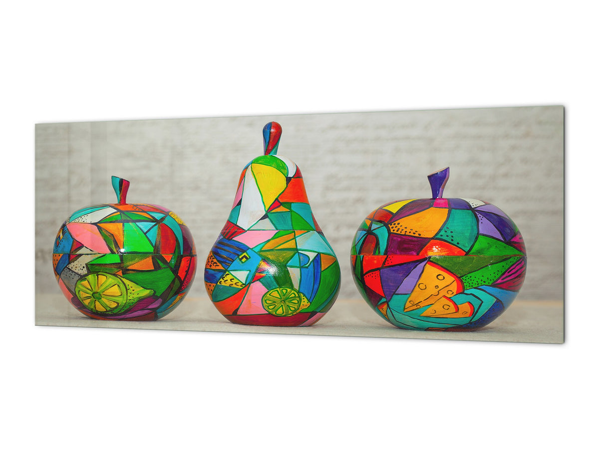 Contemporary glass kitchen panel - Wide format wall backsplash: Handmade wooden fruits