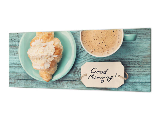 Tempered Glass magnetic and non magnetic splashback in wide-format: Coffee with croissant