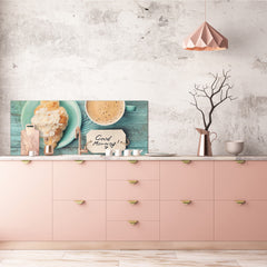 Tempered Glass magnetic and non magnetic splashback in wide-format: Coffee with croissant