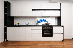Tempered Glass magnetic and non magnetic splashback in wide-format: Blue orchid on white