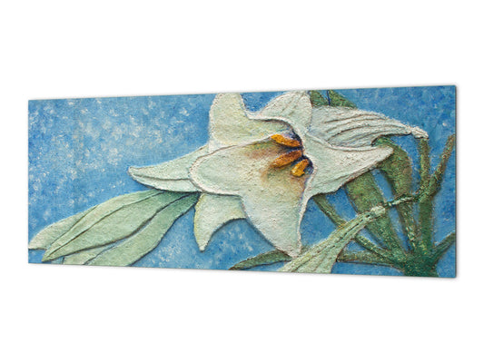 Glass kitchen panel with and w/o stainless steel back-coating: Big lily relief oil painting