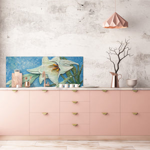 Glass kitchen panel with and w/o stainless steel back-coating: Big lily relief oil painting
