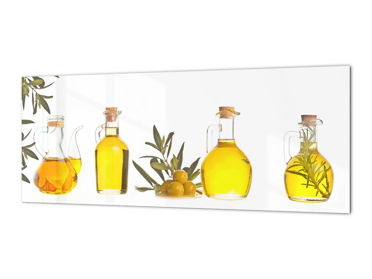 Glass kitchen panel with and w/o stainless steel back-coating: Olive oils bottles