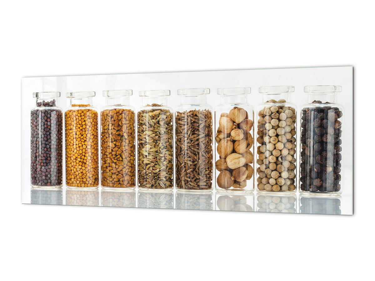 Glass kitchen panel with and w/o stainless steel back-coating: Assorted of spice bottles