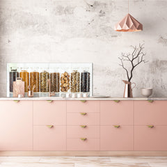 Glass kitchen panel with and w/o stainless steel back-coating: Assorted of spice bottles