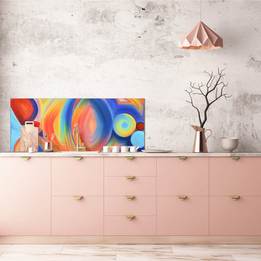 Glass kitchen panel with and w/o stainless steel back-coating: Arrangement of abstract forms