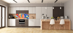 Glass kitchen panel with and w/o stainless steel back-coating: Arrangement of abstract forms