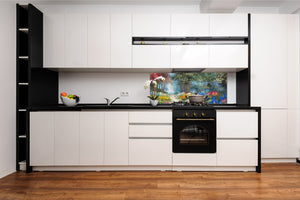 Glass kitchen panel with and w/o stainless steel back-coating: Colorful forest