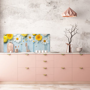 Glass backsplash w/ and w/o metal sheet backing with magnetic properties: Garden flowers