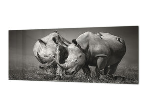 Glass backsplash w/ and w/o metal sheet backing with magnetic properties: White rhinos with birds
