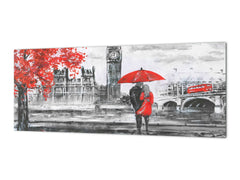 Glass backsplash w/ and w/o metal sheet backing with magnetic properties: London street with Big Ben