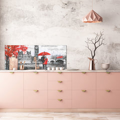 Glass backsplash w/ and w/o metal sheet backing with magnetic properties: London street with Big Ben