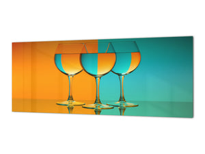 Glass backsplash w/ and w/o metal sheet backing with magnetic properties: Wine glasses in orange and blue