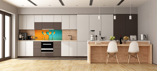 Glass backsplash w/ and w/o metal sheet backing with magnetic properties: Wine glasses in orange and blue