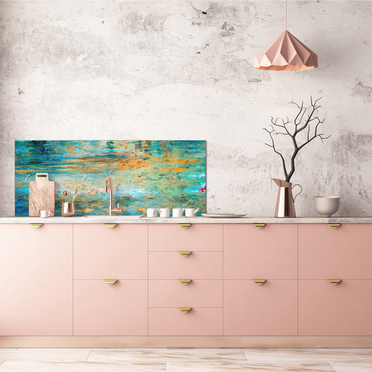 Glass backsplash w/ and w/o metal sheet backing with magnetic properties: Oil painting on canvas