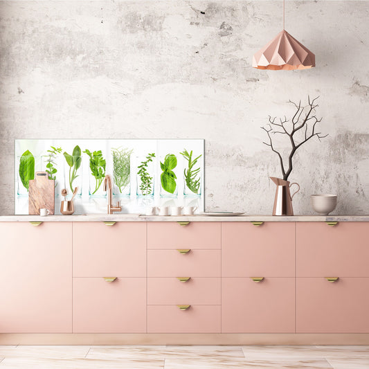 Glass backsplash w/ and w/o metal sheet backing with magnetic properties: Close Up of pot herbs