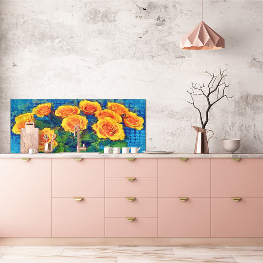 Glass backsplash w/ and w/o metal sheet backing with magnetic properties: Bouquet of yellow roses - Van Gogh  imitation