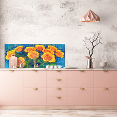 Glasrückwand mit und ohne Metallblechrückwand mit magnetischen Eigenschaften: Strauß gelber Rosen – Van Gogh-Imitation 